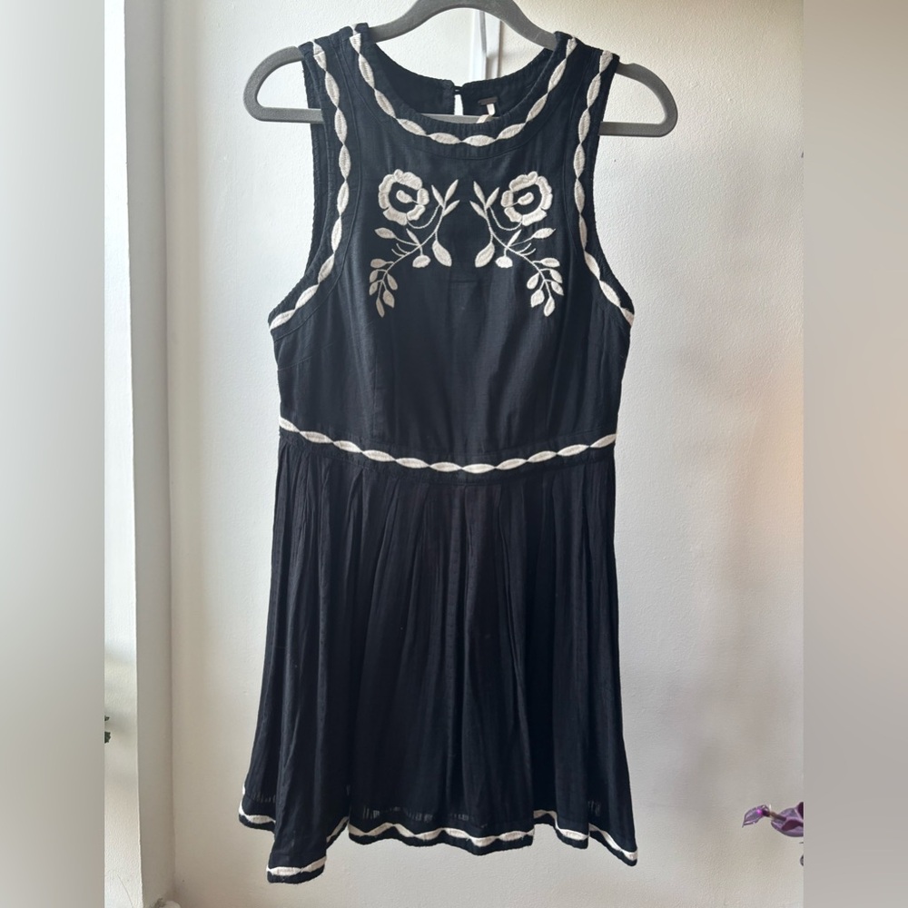 Free People Black Dress with Cream Embroidered Detailing